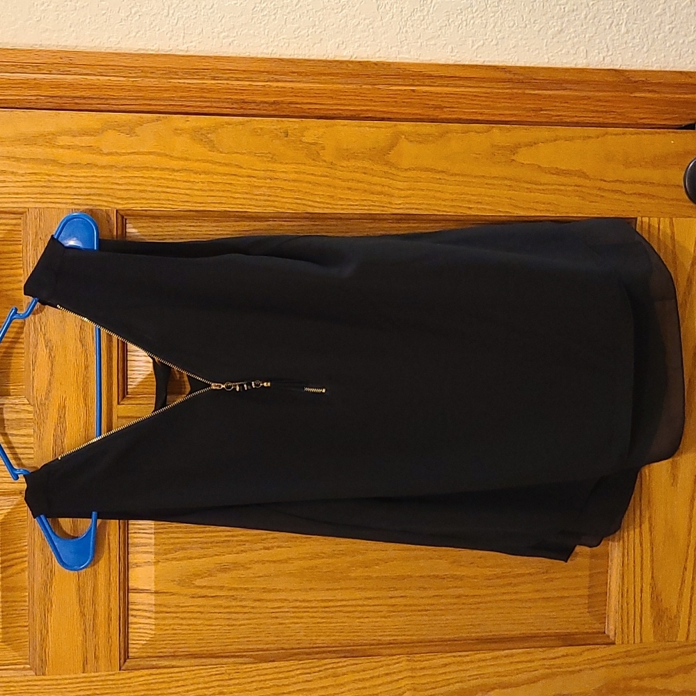 Black dress tank (chiffon material) zip front, criss cross back